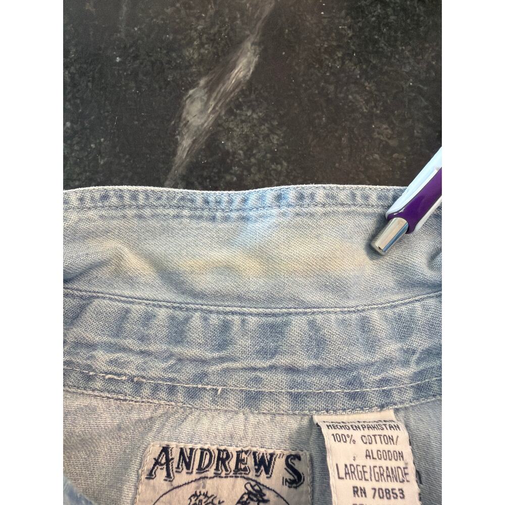 Andrews Blues Denim Patchwork Henley Shirt Cotton Blue Large - Picture 6 of 12